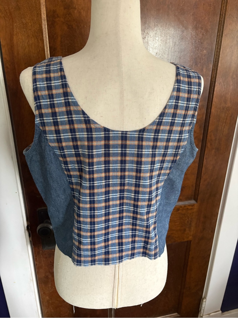 VTG 90s Harley Davidson 100% Cotton Plaid Denim Cropped Vest Top Pearl Snaps L - Picture 10 of 11